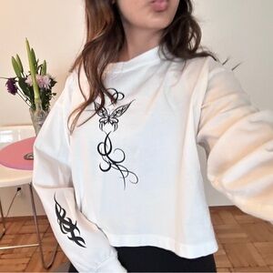 Forever 21 White Long Sleeve Top with Black Butterfly Design